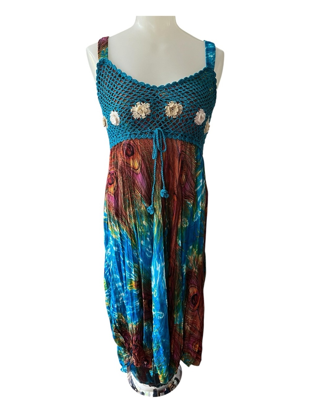 Boho Crochet Top Maxi Dress in Teal & Peacock Print size S/M